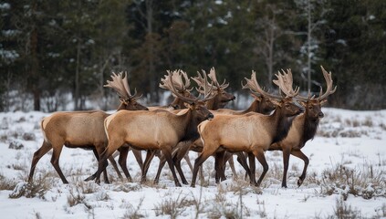 Fototapeta premium Wildlife scene with elk in winter landscape highlighting nature survival and cold climate habitat