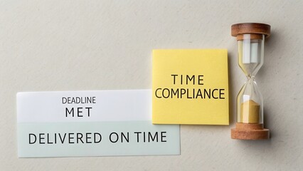 Time Compliance and Deadline Met with Hourglass and Sticky Notes for Productivity and Time Management