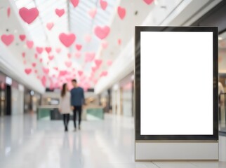 Framed white billboard in shopping mall with pink Valentine&rsquo;s Day decorations and blurred couple, romantic holiday advertisement mockup for seasonal sales and event promotion, valentine's day