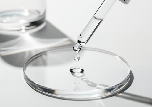 Pipette dropping transparent serum onto petri dish &mdash; minimal cosmetic lab skincare research concept, macro close-up