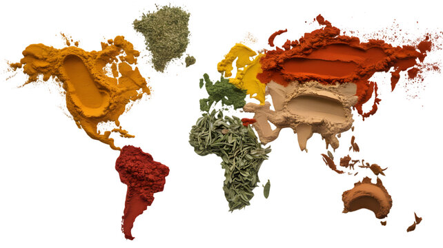 World map made of colorful spices on black background