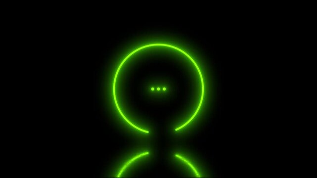 Green glowing circular animation transitions through three stages, showcasing a dynamic visual flow with a reflective surface enhancing the vibrant neon effect