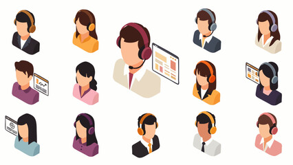Isometric customer service and support icons featuring diverse people with headsets, representing call center agents, online assistance, and communication solutions.