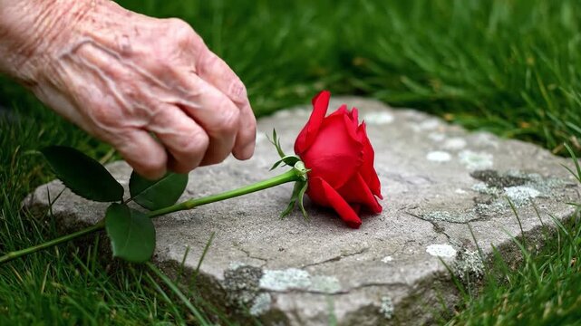A senior's heartfelt remembrance placing a vibrant red rose, a tender valentine gesture for a beloved pet
