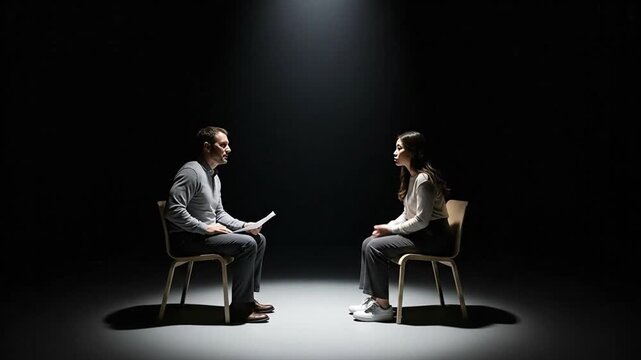 Two people sitting in chairs facing each other in a dark room with a spotlight.