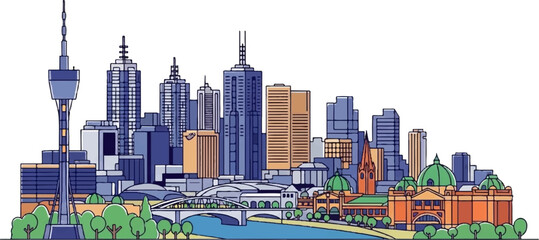 Obraz premium Vibrant cartoon city skyline with skyscrapers, historical buildings, a river, bridge, and green trees