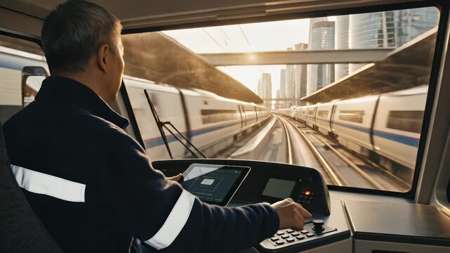 Train driver operates metro controls approaching city station with skyline view. Driver monitors tablet in cabin while operating train. Metro operator controls subway system. City train approaches