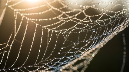 Cobweb covered in dew and sunlight.