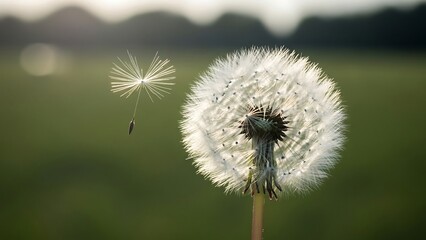 Dandelion flowers in a green field.
