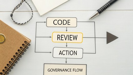 Flowchart illustrating the process of code review and action in a governance flow for software development teams