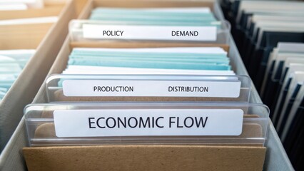 Economic Flow Concept Represented by Organized File Folders with Labels for Policy, Demand, Production, and Distribution