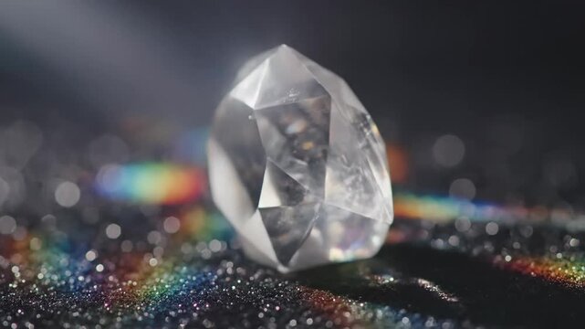 Faceted Diamond Shimmers with Rainbow Light on Glitter Background.