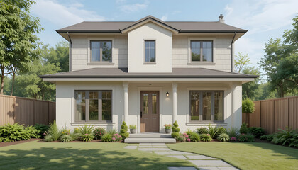 Fototapeta premium Front View Of A Two-Story Beige House With Green Lawn (186