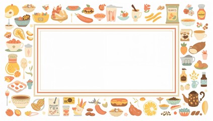 Bakery themed border frame with bread pastries cakes and desserts illustrated around empty center space for text and graphic layouts