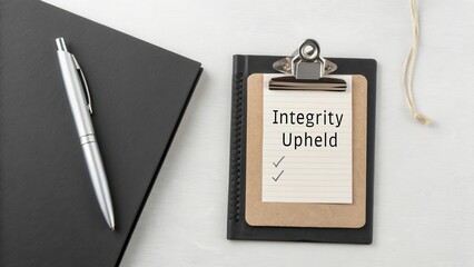 Notebook with Clipboard and Pen Featuring Integrity Upheld Text and Checkmarks on a White Table Background