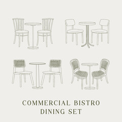 isolated commercial bistro dining set furniture set in minimal flat line art style element collection. Classic cafe and restaurant chairs and round table illustration with clean hand-drawn outlines