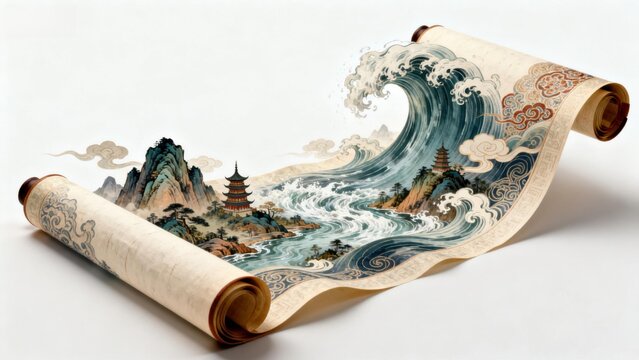 Ancient scroll depicting a dramatic wave crashing over mountains and a traditional pagoda, rendered in intricate East Asian artistic style
