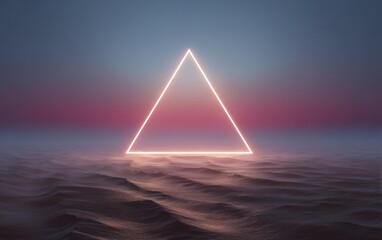 Glowing neon triangle above water surface against colorful sky backdrop