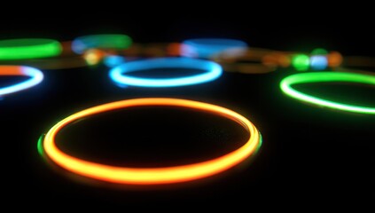 Glowing rings illuminate in darkness neon light abstract background