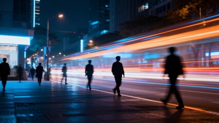 Nighttime city street with pedestrians and light trails