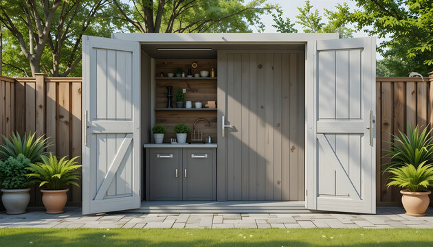 Outdoor shed with open doors and sink area in a garden storage backyard
