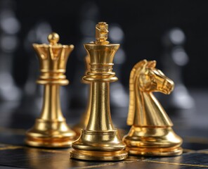Golden chess pieces on a board against a blurred background