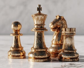 Golden chess pieces on a marble surface depicting strategy and competition