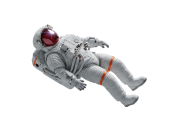 A poised astronaut in a detailed white space suit with intricate equipment and bright lens flare, floating horizontally against a transparent background. Concept of future space exploration technology