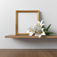 Golden frame with white lilies on a wooden shelf against white wall