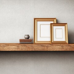 Golden frames with empty spaces on a wooden shelf against a textured wall