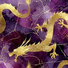 Golden dragon illustration against abstract purple watercolor background