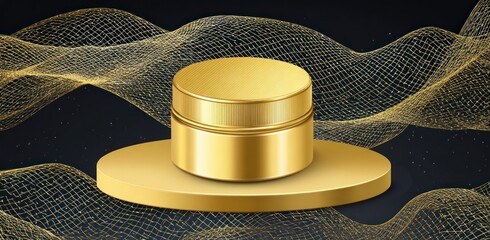Golden jar on a round pedestal elegant composition with abstract background