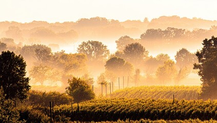 Golden light bathes landscape of trees and fields in a misty atmospheric scene