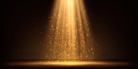 Golden light beams streaming down with shimmering particles and a dark background