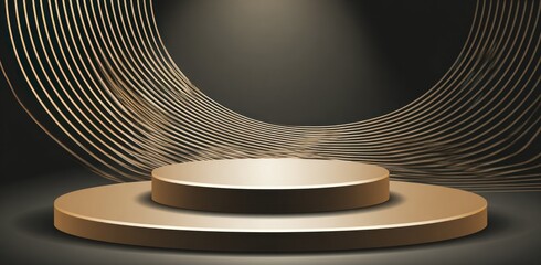 Golden podium stage with modern art lines for product presentation background