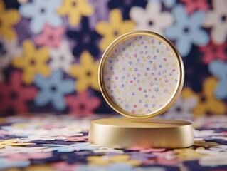 Golden podium display with round frame against colorful floral background