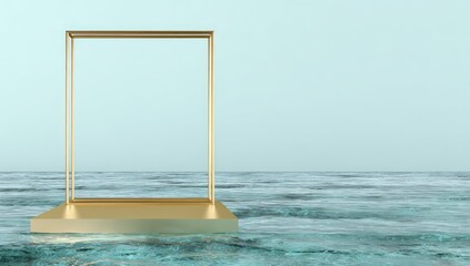 Golden rectangular frame in water against a pale blue background