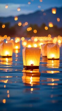 Floating paper lanterns illuminate a serene water surface at dusk, creating a magical, dreamy atmosphere with warm glows and reflections.