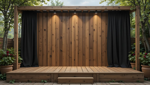 Outdoor Wooden Stage with Black Curtains and Spotlights outdoor stage performance stage