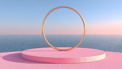 Golden ring on pink podium with ocean backdrop