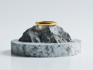 Golden ring on stone pedestal display against white background