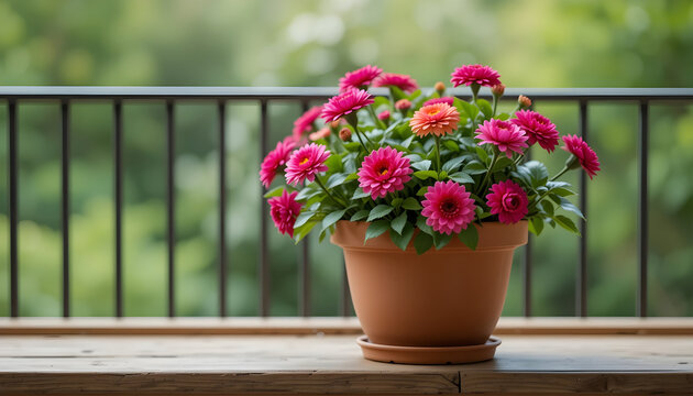 Pink and orange gerbera daisies in terracotta pot on balcony pink flowers orange flowers