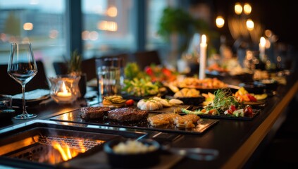 Gourmet dinner table setting with food and drinks for celebration