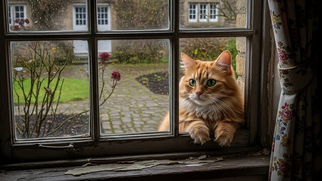 Curious orange cat looking outside window. - Powered by Adobe