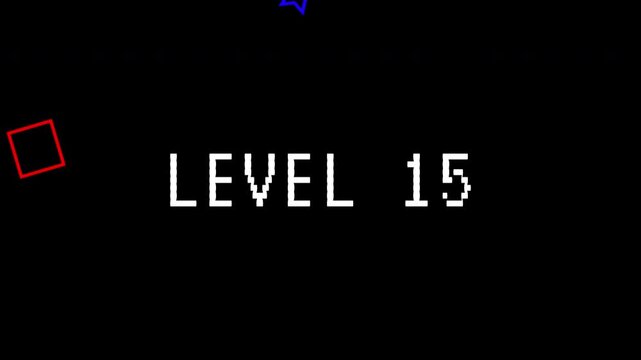Retro pixel art level 15 screen displays dynamic bouncing star and square shapes on black background. Retro arcade game with text animated in 4K video.