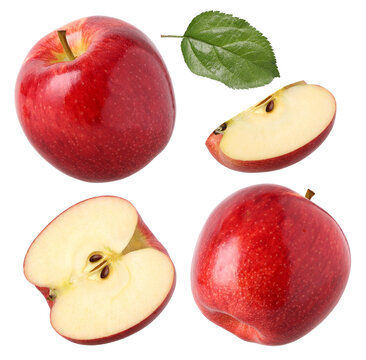 red apple with leaves , half and slice isolated, fresh red apple, transparent PNG, cut out