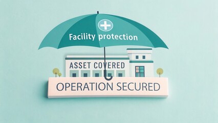 Conceptual illustration of facility protection with umbrella symbolizing security and assurance for assets in a modern design