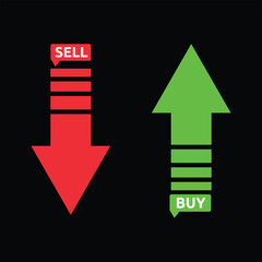 A high-quality vector illustration featuring stylized red 'SELL and green 'BUY' arrows. Designed with a modern, flat aesthetic on a dark background, these indicators are perfect for cryptocurrency t
