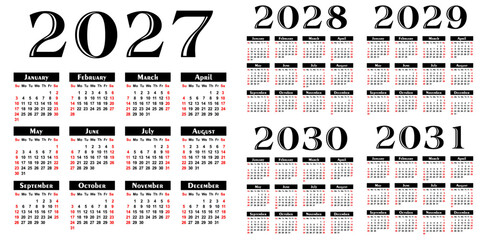 A set calendar templates for a year 2027 - 2031.
