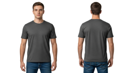 Generic young adult male in blank charcoal grey t-shirt and blue jeans, front and back views, isolated on plain white background with ample copy space, apparel mockup concept